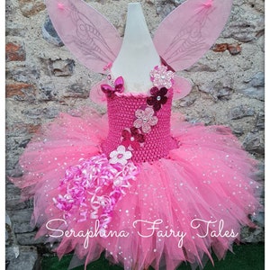 Pink Flower Fairy Tutu Dress Up Costume.Girls Lined Birthday Party,Gala,Pageant Tutudress With Glitter Flowers.Pink Net Wings Included.