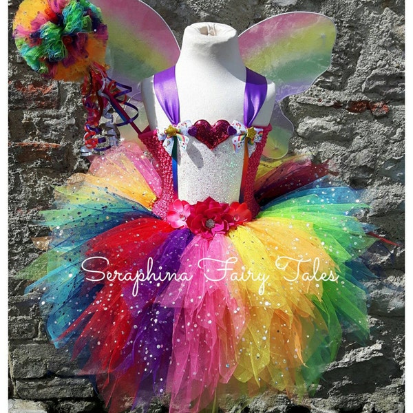 SALE! Girls Rainbow Fairy Tutu Dress Up Costume.Lined 5 Layer Bright Tulle Birthday Party, Gala,Halloween Tutudress. Optional Net Wings