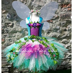 Girls Forest Fairy Tutu Dress Costume. Lined Sparkly Woodland Birthday Party Gala Outfit With Ivy & Flowers. Optional Wings + Headband