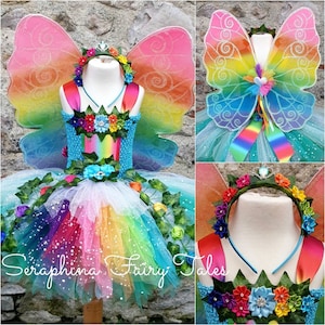 Girls Rainbow Fairy Dress Up Tutu Costume.Forest Woodland Fairy. Lined Birthday Party,Pageant Tutudress. Optional Rainbow Wings & Headband