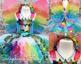 Girls Rainbow Fairy Dress Up Tutu Costume.Forest Woodland Fairy. Lined Birthday Party,Pageant Tutudress. Optional Rainbow Wings & Headband