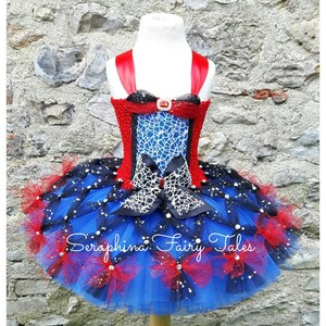 Spider Web Superhero Tutu Dress Up Costume.Girls Lined Red,Blue,Black & White Super Hero Birthday Party Tutudress Wit Webs.Optional Eye Mask image 2