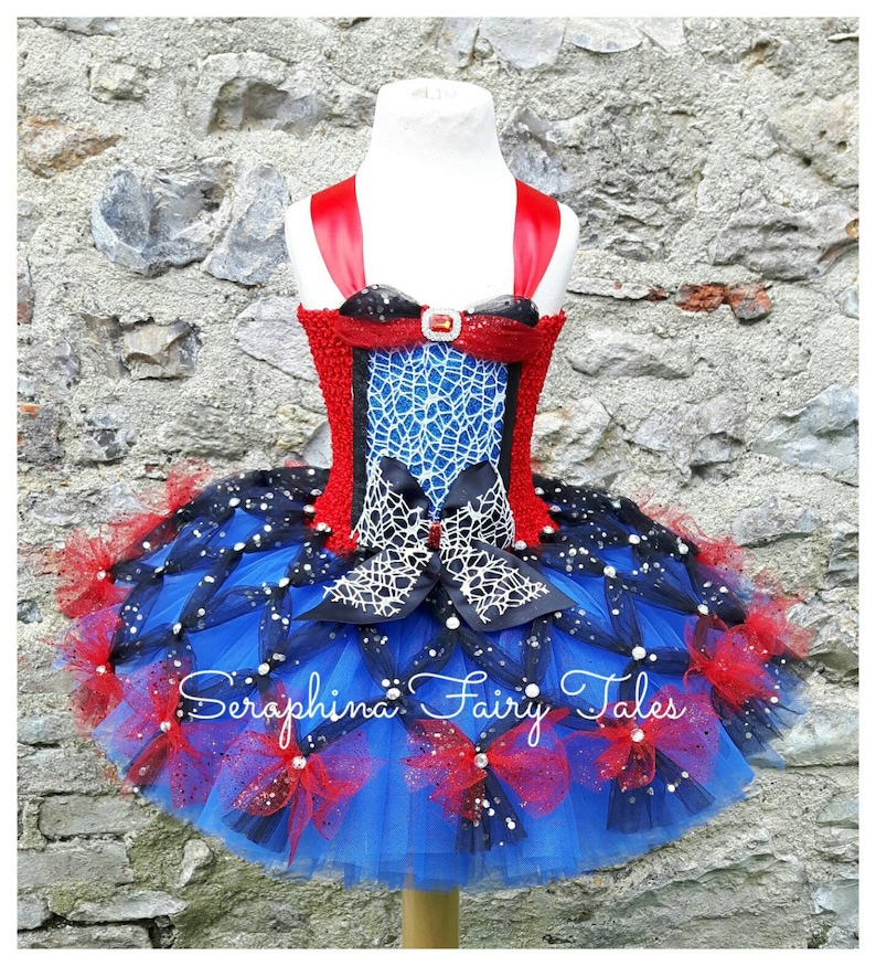 Spider Web Superhero Tutu Dress Up Costume.Girls Lined Red,Blue,Black & White Super Hero Birthday Party Tutudress Wit Webs.Optional Eye Mask image 2