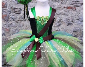 Gamer Princess Dress Up Tutu Costume.Girls Lined Brown & Green Sparkly Adventurer Birthday Party,Halloween Tutudress With Treasure Chest Bow