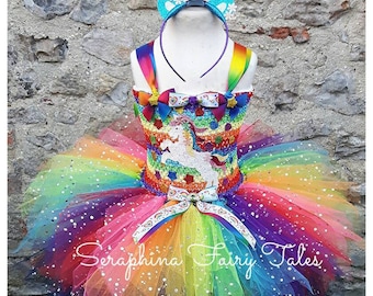 Rainbow Unicorn Tutu Dress Up Costume.Girls Lined Pageant, Halloween,Christmas,Birthday Party or Gala Outfit.No Tail. Horn Headband Included