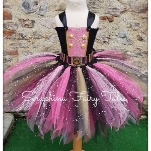 Girls Pirate Tutu Dress Up Costume.Lined Black, Pink & Gold Glitter + Lace Halloween, Christmas, Birthday Party,Pageant,Gala Tulle Tutudress
