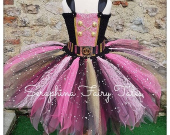 Girls Pirate Tutu Dress Up Costume.Lined Black, Pink & Gold Glitter + Lace Halloween, Christmas, Birthday Party,Pageant,Gala Tulle Tutudress