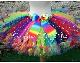 Girls Rainbow Tutu Tulle Skirt Dress Up Costume. Colourful + Bright Petti Tied Christmas, Birthday Party, Halloween,Pageant,Cake Smash, Gala