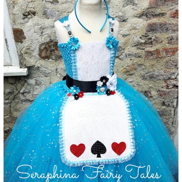 AUSVERKAUF! Mädchen Alice Tutu Kostüm.Blaues Geburtstags party Kleid mit Schürze & Blumen.Optional Wunderland Tee Tasse Stirnband.Knöchellänge