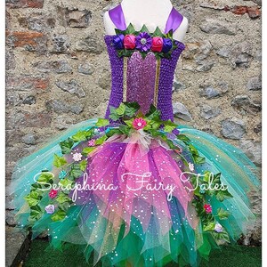 Girls Purple Fairy Woodland Forest Tutu Dress Up Costume. Purple, Teal Greens & Pink Tutu with Ivy + Flowers. Optional Net Wings + Headband.