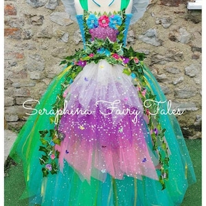 SALE!Girls Woodland Forest Fairy Tutu Dress Costume.Lined Birthday Party Tutudress Ivy +Flowers.Optional Feather Wings+Headband.Ankle Length