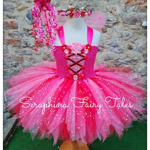 Flower Fairy Dress Up Tutu Costume.Girls Lined Pink + Red Glitter Princess Birthday Party Gala Tutudress.Wings Included -Optional Extras