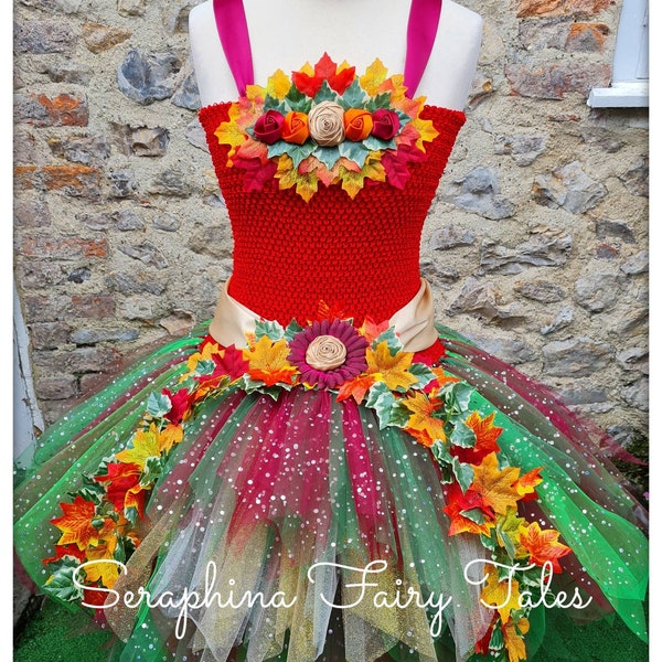 Fall Woodland Forest Fairy Dress Up Tutu Costume.Girls Sparkly Red, Orange + Brown Party Tutudress with Ivy, Maple Leaves, Roses & Flowers.