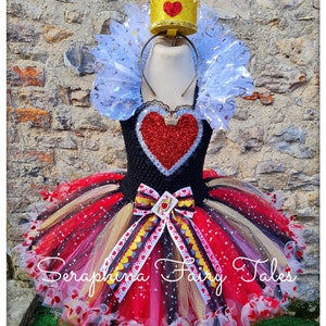 Queen of Hearts Tutu Dress Up Costume.Girls Lined Red, Black, Gold & White Hearts Tutudress With Frill Tulle Collar. Optional Crown Headband