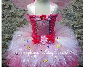 SALE! Girls Pink Fairy Tutu Dress Up Costume.Lined 6 Layer Ombre Butterfly Birthday Party Gala Gown.Optional Pink Net Wings + Hairband.