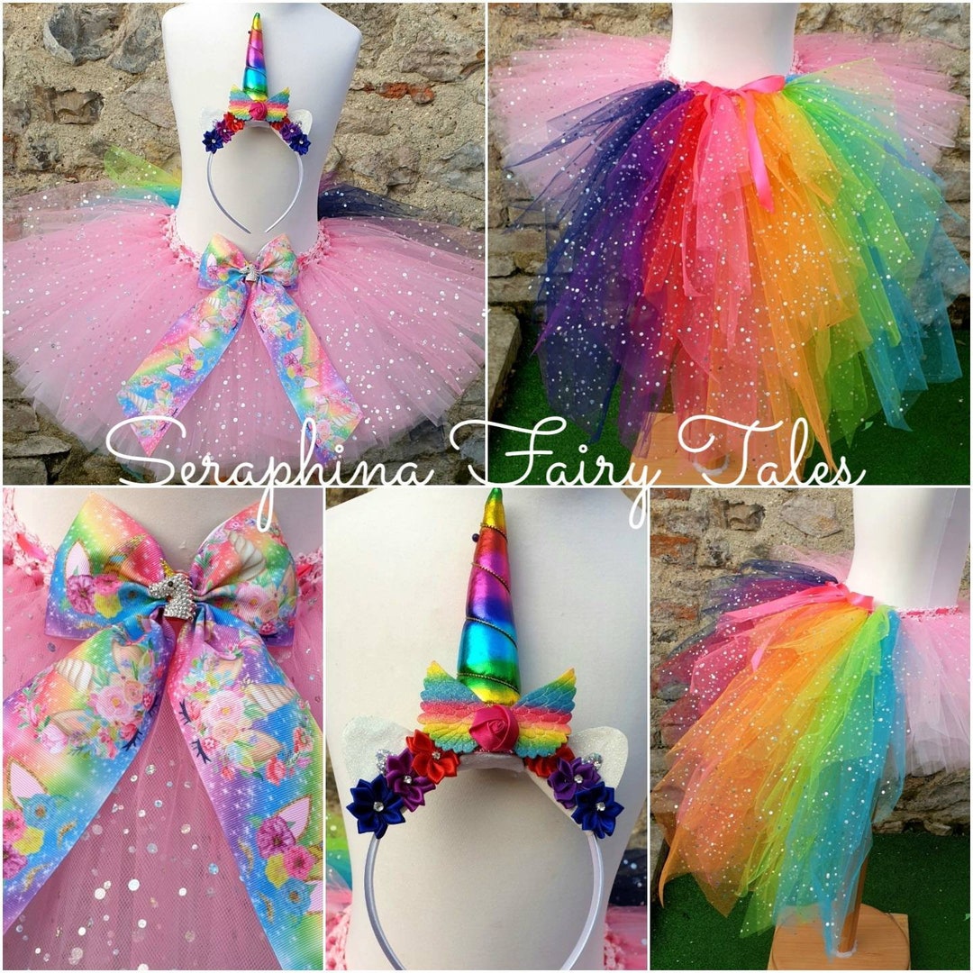 Girls Costume Rainbow Tutu Skirt with Unicorn Shirt, Headband & Satin Sash