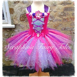 Princess Flower Tutu Dress Up Costume.Girls Lined Sparkly Pink & Purple Glitter Birthday Party,Pageant Christmas Gala Princess Tutudress