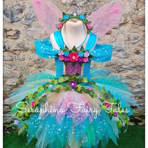 Girls Woodland Fairy Dress Up Tutu Costume. Lined Forest, Ivy & Flowers.Gala Birthday Party Outfit.Optional Feather or Net Wings + Headband.