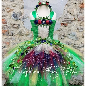 Girls Woodland Fairy Dress -Forest Tutu Dress Up Costume.Green, Navy+Dark Red Birthday Party with Ivy + Flowers.Optional Net Wings+Headband