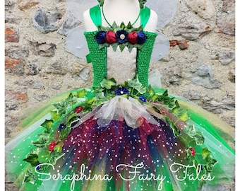 Girls Woodland Fairy Dress -Forest Tutu Dress Up Costume.Green, Navy+Dark Red Birthday Party with Ivy + Flowers.Optional Net Wings+Headband