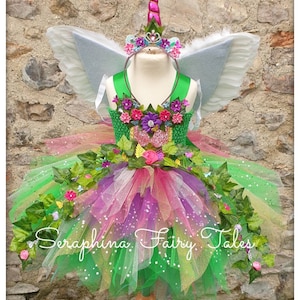 Girls Unicorn Dress Up Deluxe Forest Woodland Fairy Tutu Costume Outft.Lined Pegasus Dress.Optional Rainbow Feather Wings & Horn Headband