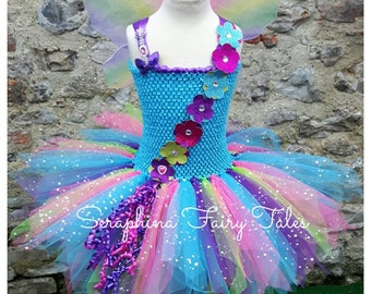 Fairy Dress Rainbow Glitter Flower Tutu Dress Up Costume. Lined Birthday Party, Pageant or Gala Tutudress.Rainbow Net Wings Included