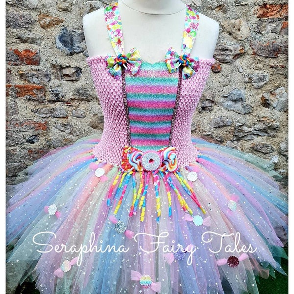 Pastel Pink Rainbow Candyland Tutu Dress Up Costume.Girls Lined Sparkly Simple Candy land & Sweets Tulle Party Pageant Tutudress Outfit