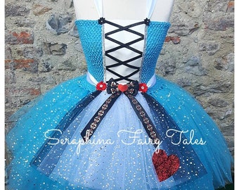 Alice Tutu Dress Up Costume.Girls Lined Sparkly Blue, Red, Black & White Wonderland Glitter Birthday Party Gala Outfit. Simple Version