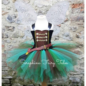 Pirate Fairy Tutu Dress Up Costume.Girls Lined Green, Teal and Brown Christmas,Pixie,Birthday Party or Gala.Plain Tulle.Net Wings Included