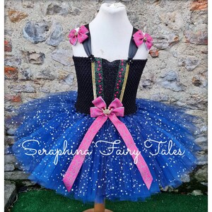 Snow Winter Princess Dress Up Tutu Costume.Girls Lined Sparkly Glitter Blue & Black Birthday Party, Gala Gown Outfit.2x Bow Clips Included