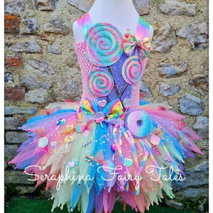 Girls Pastel Rainbow Candyland Tutu Dress Up Costume. Lined Lollipop Candy Land Sweet Pageant Tutudress. Optional Magic Cupcake Headband.