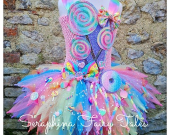 Girls Pastel Rainbow Candyland Tutu Dress Up Costume. Lined Lollipop Candy Land Sweet Pageant Tutudress. Optional Magic Cupcake Headband.