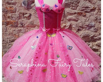 VENDITA! Girls Princess Butterfly Tutu Dress Up Costume.Foderato rosa glitter farfalle festa di compleanno, Halloween Tutudress Outfit.Ankle Length.