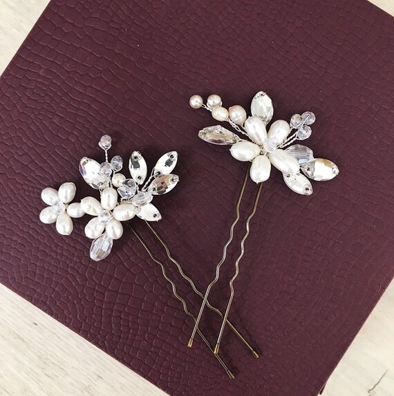Set Of 2 And More Bride Hair Pins Small Wedding Hair Clips Etsy