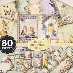 Zestaw Vintage Spring Junk Journal, wielkanocne folio w stylu shabby chic, papiery do scrapbookingu z motywem kwiatowym, pastelowa kratka gingham i mały króliczek, urocze wielkanocne koszyczki z kurczaczkami