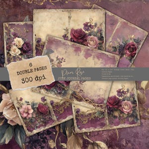 Zestaw Junk Journal, Romantyczne kwiatowe strony albumu, Vintage shabby chic design, Walentynkowy decoupage do wydrukowania, Plum Rose akwarelowy kolaż