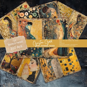 Zestaw Junk Journal, papiery do scrapbookingu w stylu vintage gold, strony decoupage inspirowane Gustavem Klimtem, zestaw do abstrakcyjnego kolażu kwiatowego, artykuły hobbystyczne