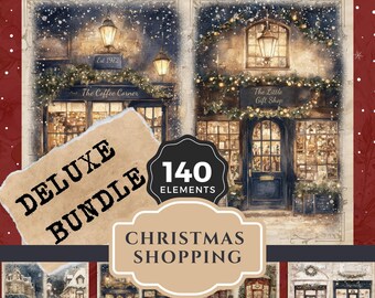 May include: A digital collage sheet with 140 elements for crafting. The sheet features illustrations of charming Christmas shops with snow falling. The text "DELUXE BUNDLE" and "CHRISTMAS SHOPPING" is included.