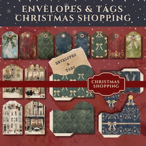 Junk Journal Kit, Christmas Envelopes and Tags digital download, Vintage Christmas ephemera bundle, Festive Holiday gift tags print at home
