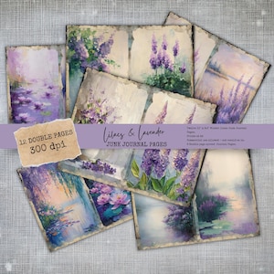 Zestaw Junk Journal, Liliowe strony do scrapbookingu, Fioletowe kwiatowe ephemera w stylu vintage, Wydrukowalna strona Junk Journal, Cyfrowy papier w stylu shabby chic, tła