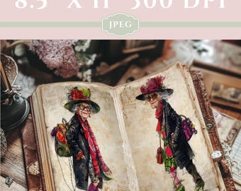 Schönes altes Junk Journal, lustiges Scrapbook Kit für alte Damen, graue Göttin Papiere, alte Damen Ephemera Seiten, altes lustiges Damen Journal