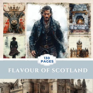 Kits de revistas basura de Escocia, páginas de revistas basura a medias, papeles de álbum de recortes de Escocia, material efímero de revistas de Outlander de Escocia, castillos, hombres con faldas escocesas