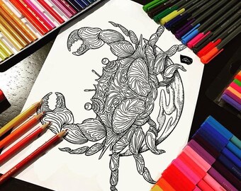 Cancer Coloring Page - Adult Coloring Printable Zodiac Sign - Crab Artwork Art Print - Astrology Gift - Instant Download & Printable PDF JPG