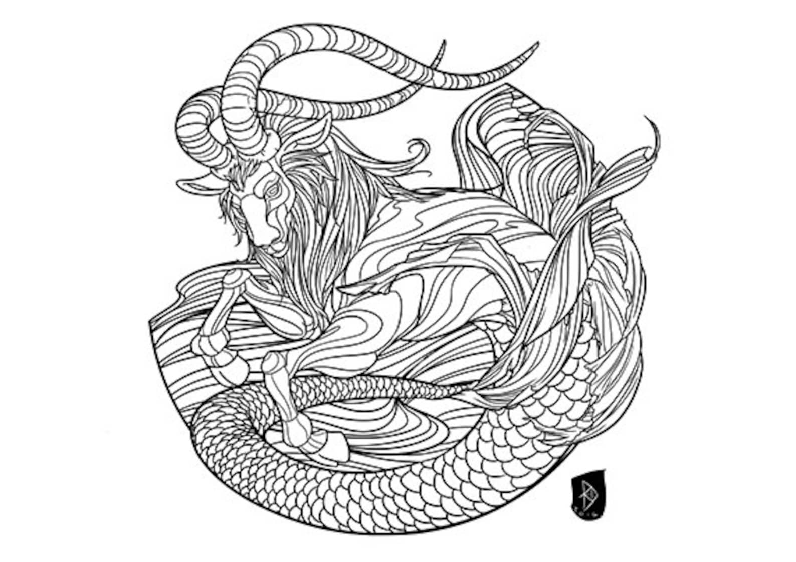 adult coloring page zodiac sign set capricorn instant etsy