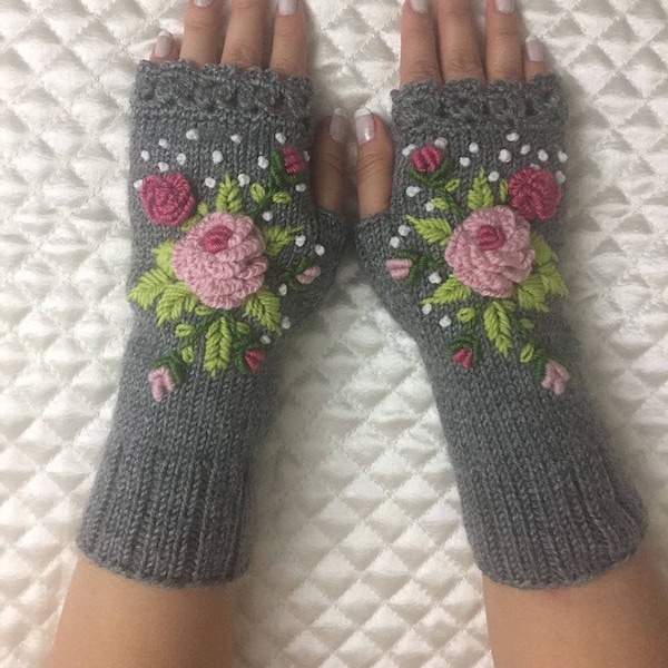 Knitted Fingerless Gloves, Grey , Flower Embroidered, Accessories, Gloves&Mitten, Gift Idea, Turkish handicraft, Clothing and Accessories