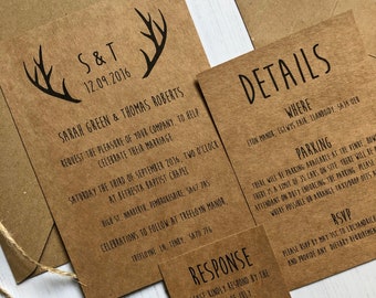 Personalised Recycled Brown Kraft Rustic Green Leaves Concertina Wedding Invitations with Envelopes Marriage Wedding Nuptials