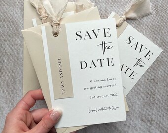 Modern, neutral save the date with silk ribbon and eyelet detail [Grace collection Nude]