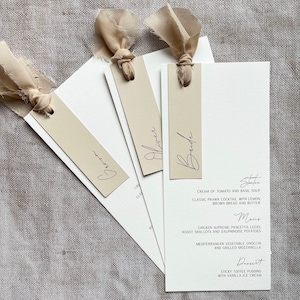 Personalised wedding menus with guest name tag, wedding place cards, beige wedding menu [Jessica Collection]