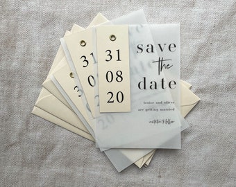 Vellum eyelet save the date, modern save the date, monochrome save the date [Louise collection Nude]