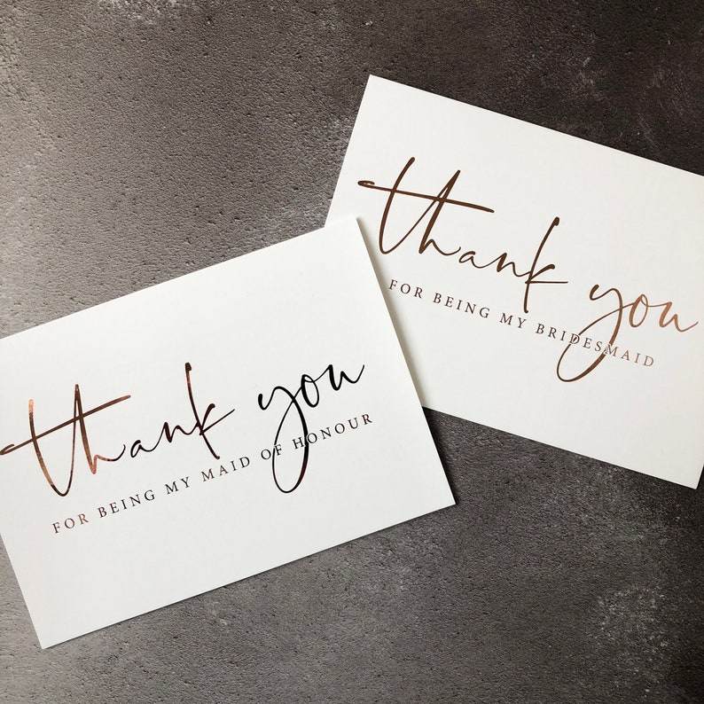 Rose gold /'Thank you for being my bridesmaid/' cards Thank you cardsBridesmaid cardMaid of honour card